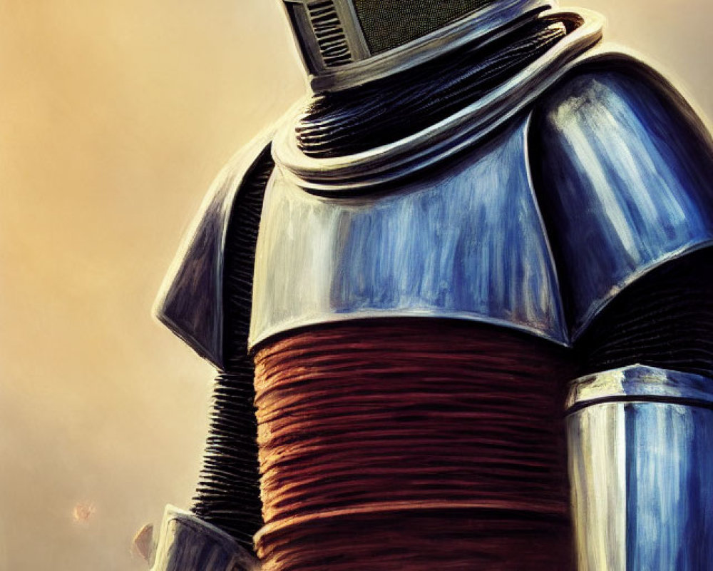 Futuristic knight in blue armor with high-tech helmet on warm-lit background