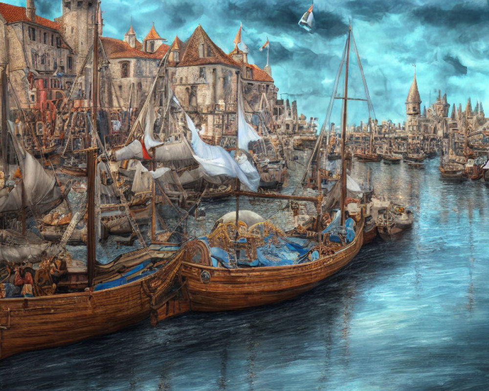 Detailed Medieval Harbor Scene with Boats and European Townscape