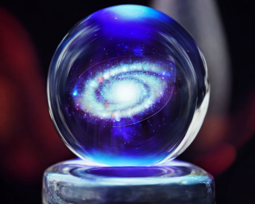 Colorful Galaxy Glass Sphere on Pedestal with Dark Background