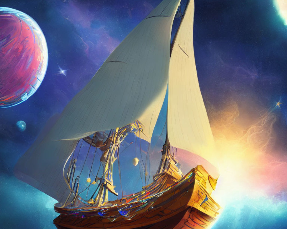 Wooden sailboat sailing in cosmic sky with stars, nebulas, and planets