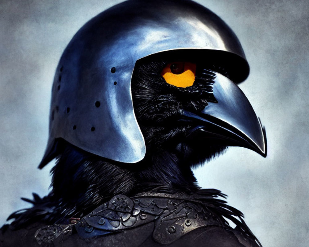 Stylized image of raven merged with medieval armor