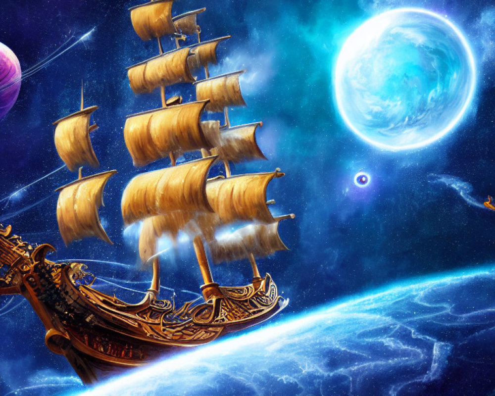 Fantastical ship with multiple sails in cosmic sea surrounded by vivid planets and stars