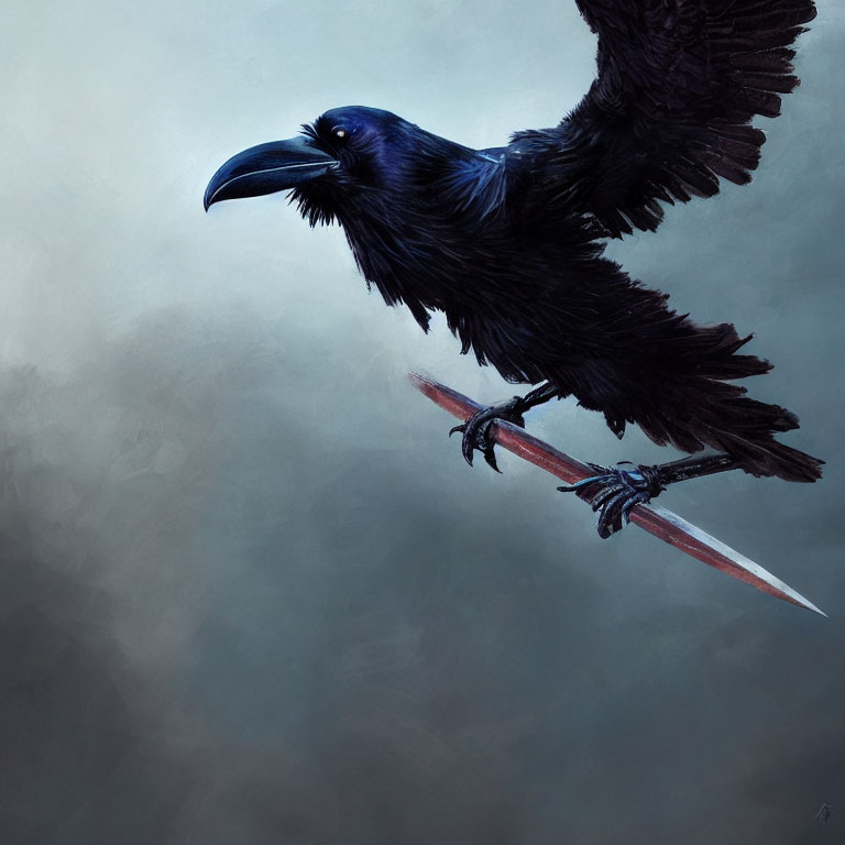 Black raven on bloodied sword in misty grey setting