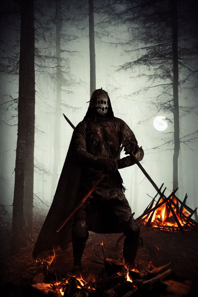 Sinister figure in skull mask and armor by campfire in misty forest