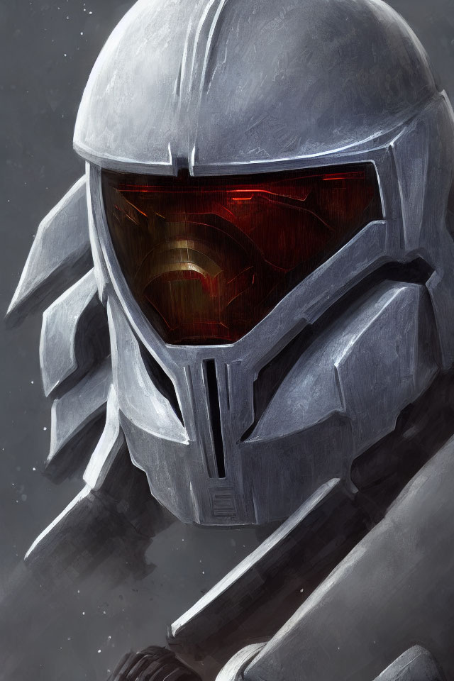 Futuristic character in reflective red visor and metallic armor against starry backdrop