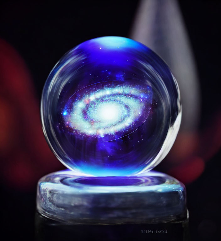 Colorful Galaxy Glass Sphere on Pedestal with Dark Background