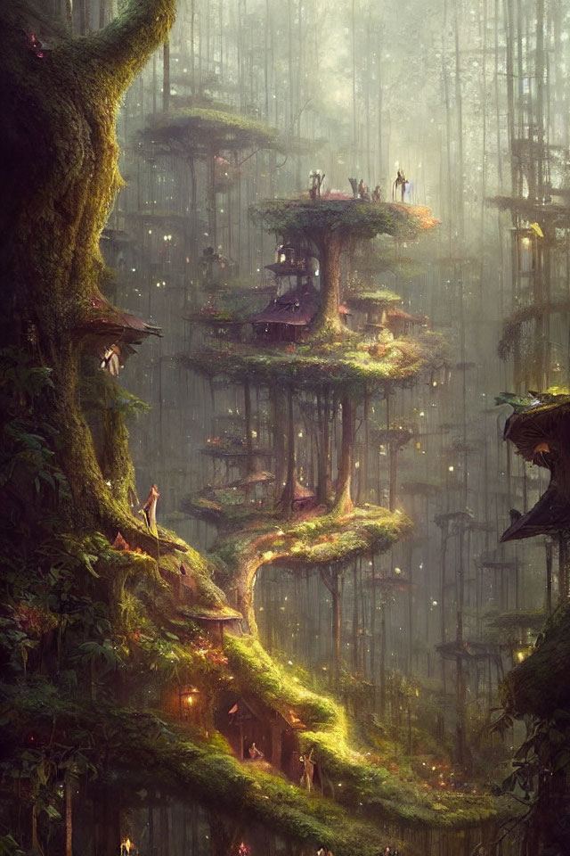 Majestic forest with towering trees and magical treehouses in misty light