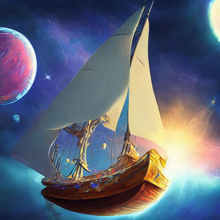 Wooden sailboat sailing in cosmic sky with stars, nebulas, and planets