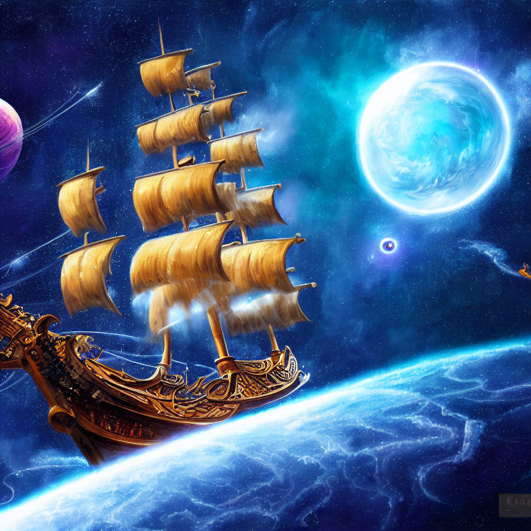 Fantastical ship with multiple sails in cosmic sea surrounded by vivid planets and stars