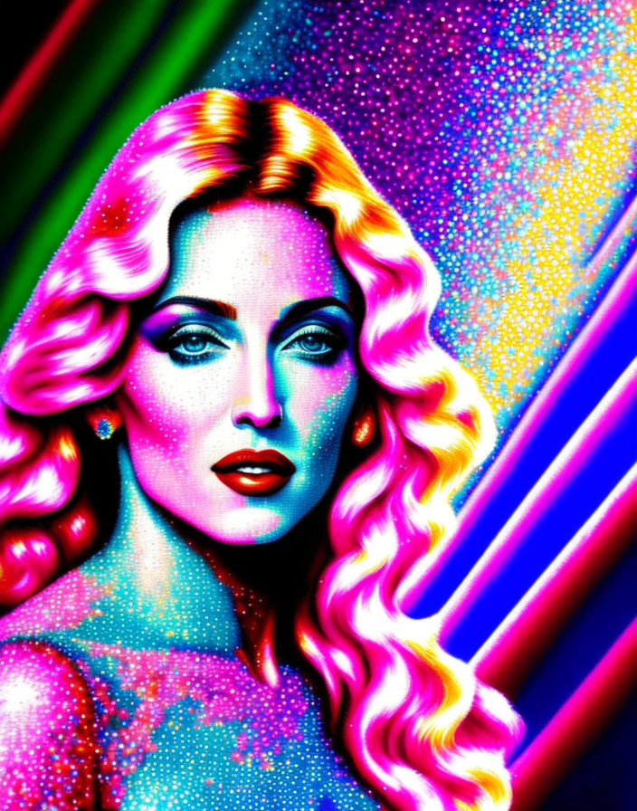 Colorful digital artwork: Woman with wavy hair in neon pink, blue, and green tones