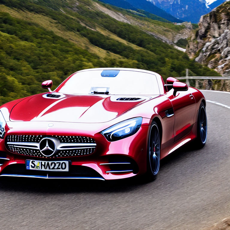 Red Mercedes-Benz Convertible Sports Car on Mountain Road