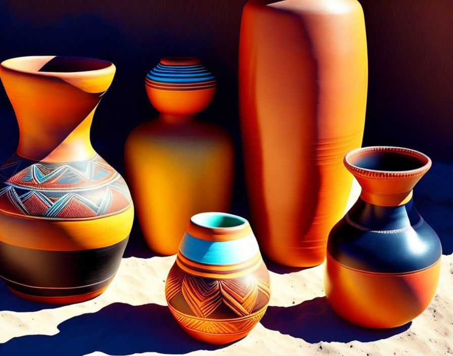 Intricate Patterned Ceramic Vases on Sandy Ground