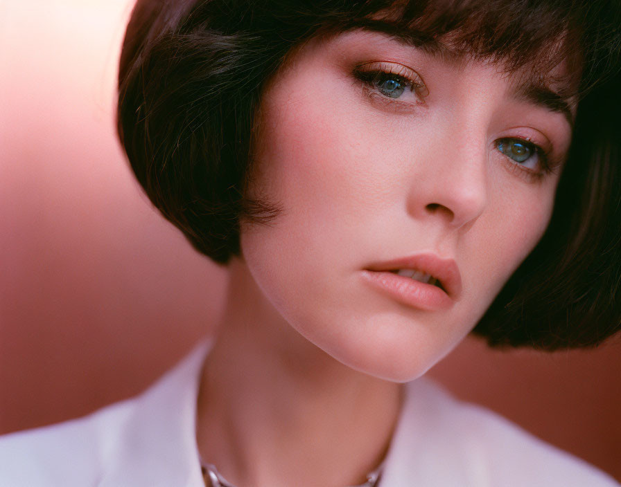 Portrait of Woman with Dark Bobbed Hair on Soft Pink Background