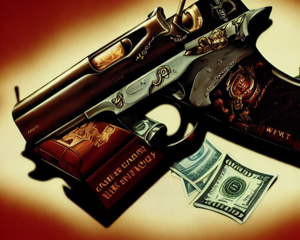 Ornate Pistol Illustration with Symbols of Power and Wealth