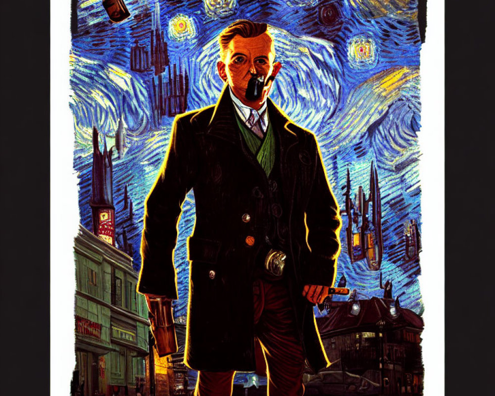 Man in trench coat and scarf under starry sky with city buildings.