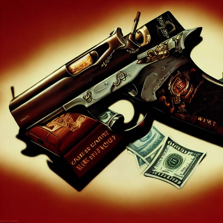 Ornate Pistol Illustration with Symbols of Power and Wealth