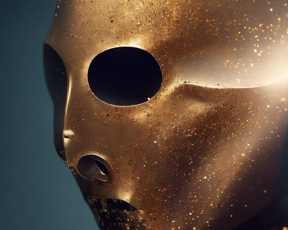 Golden Sparkling Mask with Empty Eye Sockets on Dark Blue Background