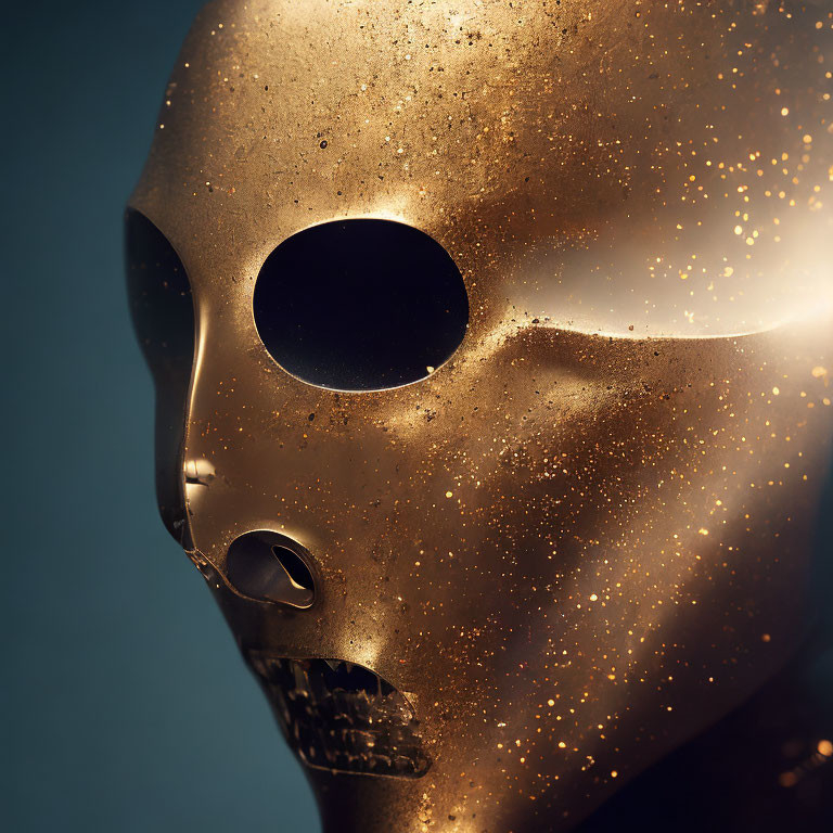 Golden Sparkling Mask with Empty Eye Sockets on Dark Blue Background