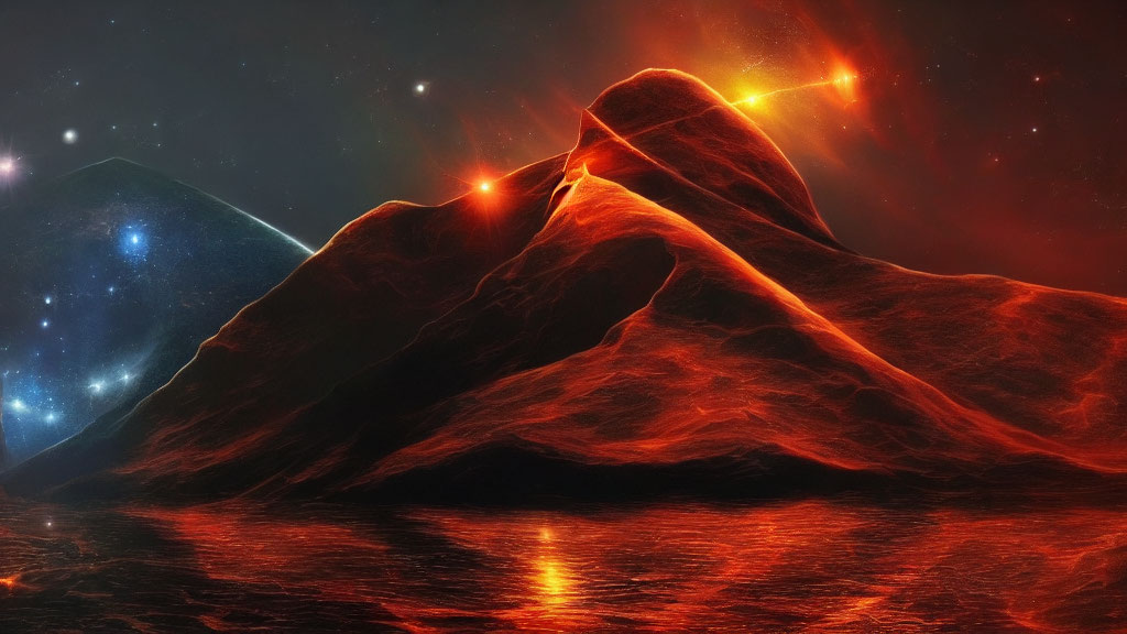 Digital artwork: Volcanic landscape with glowing lava, starry sky, cool and warm color tones