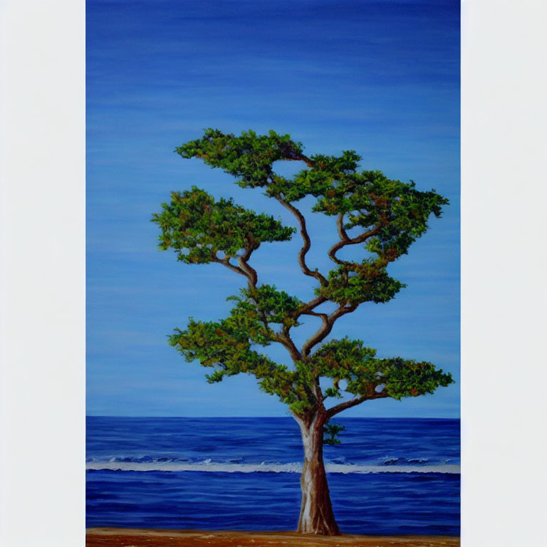 Curvy Bonsai Tree Painting Against Ocean and Sky