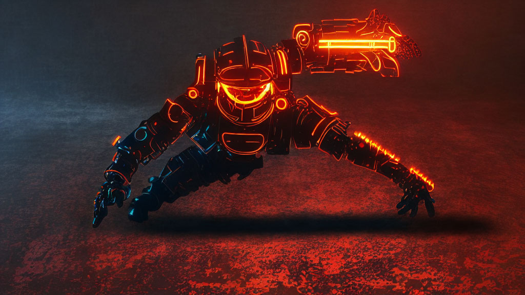 Futuristic robot with glowing orange lines in dynamic pose on textured ground