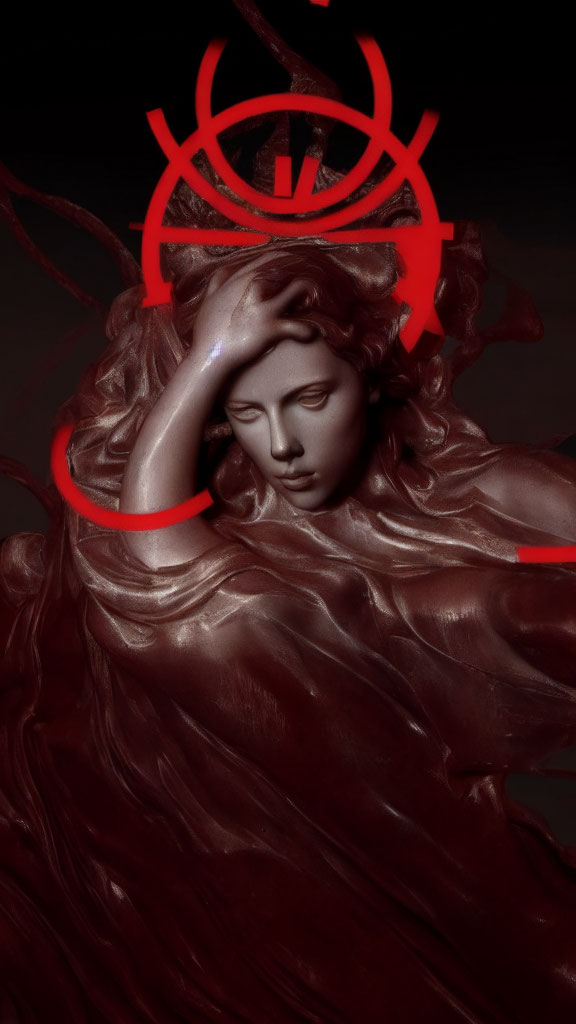 Classical sculpture with red neon accents on dark background