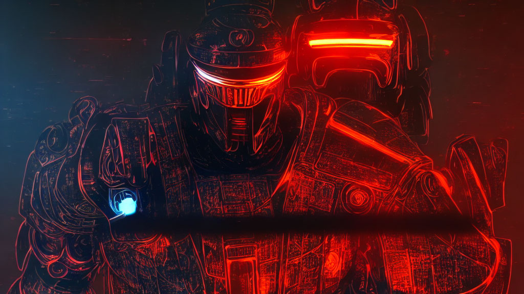 Futuristic soldier in red neon outlines with glowing visor and weapon on dark background