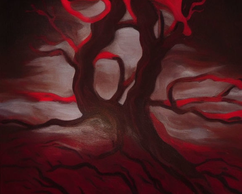 Dark painting of stark tree with red, vein-like branches on ominous background