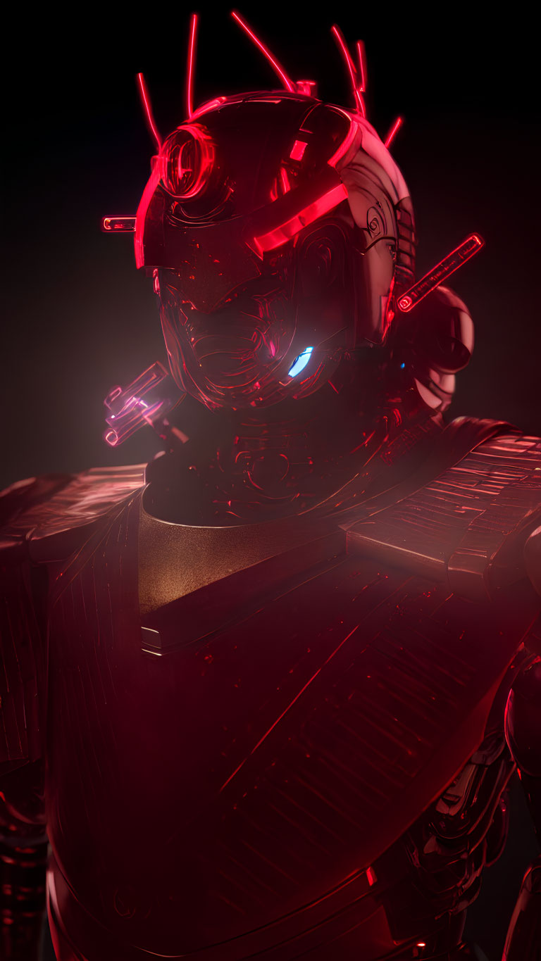 Futuristic robot with glowing red visor in dark, moody setting