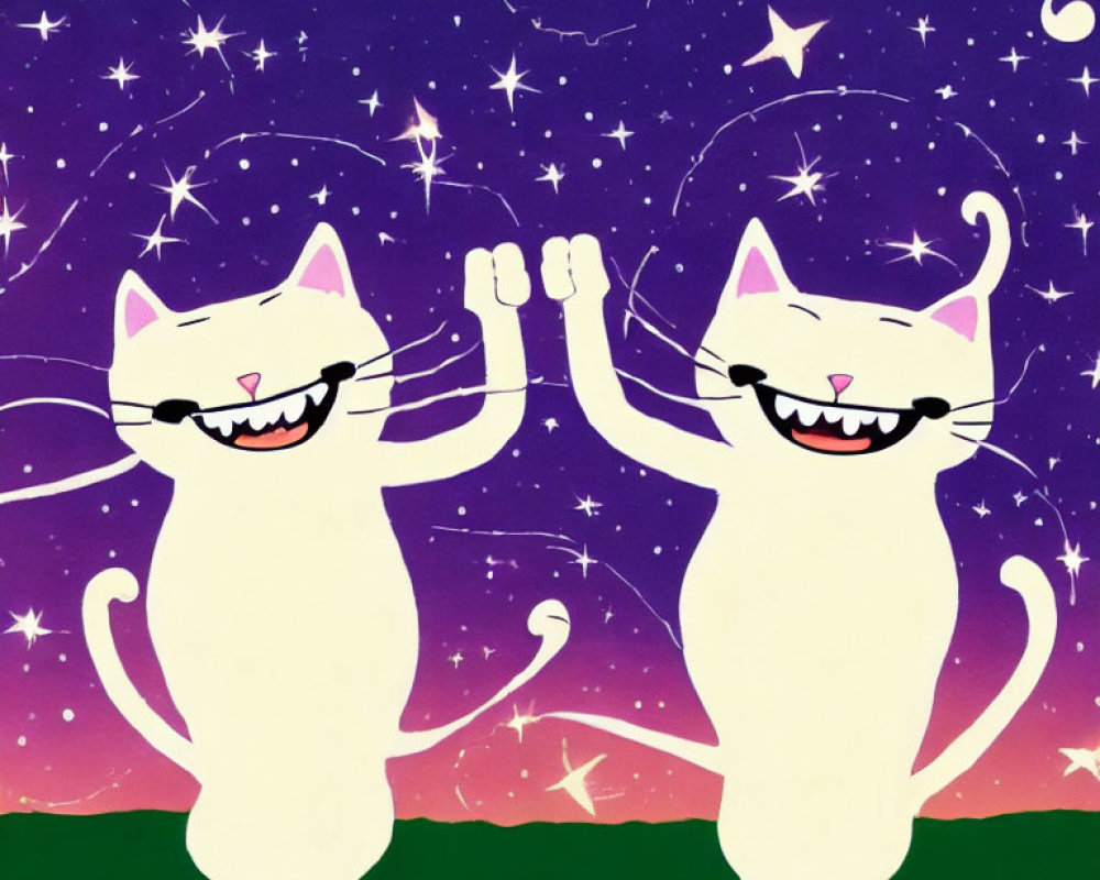 Cartoon Cats High-Fiving Under Starry Night Sky