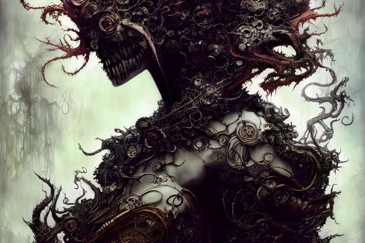 Dark Fantasy Illustration of Mechanical Creature with Skull-like Face