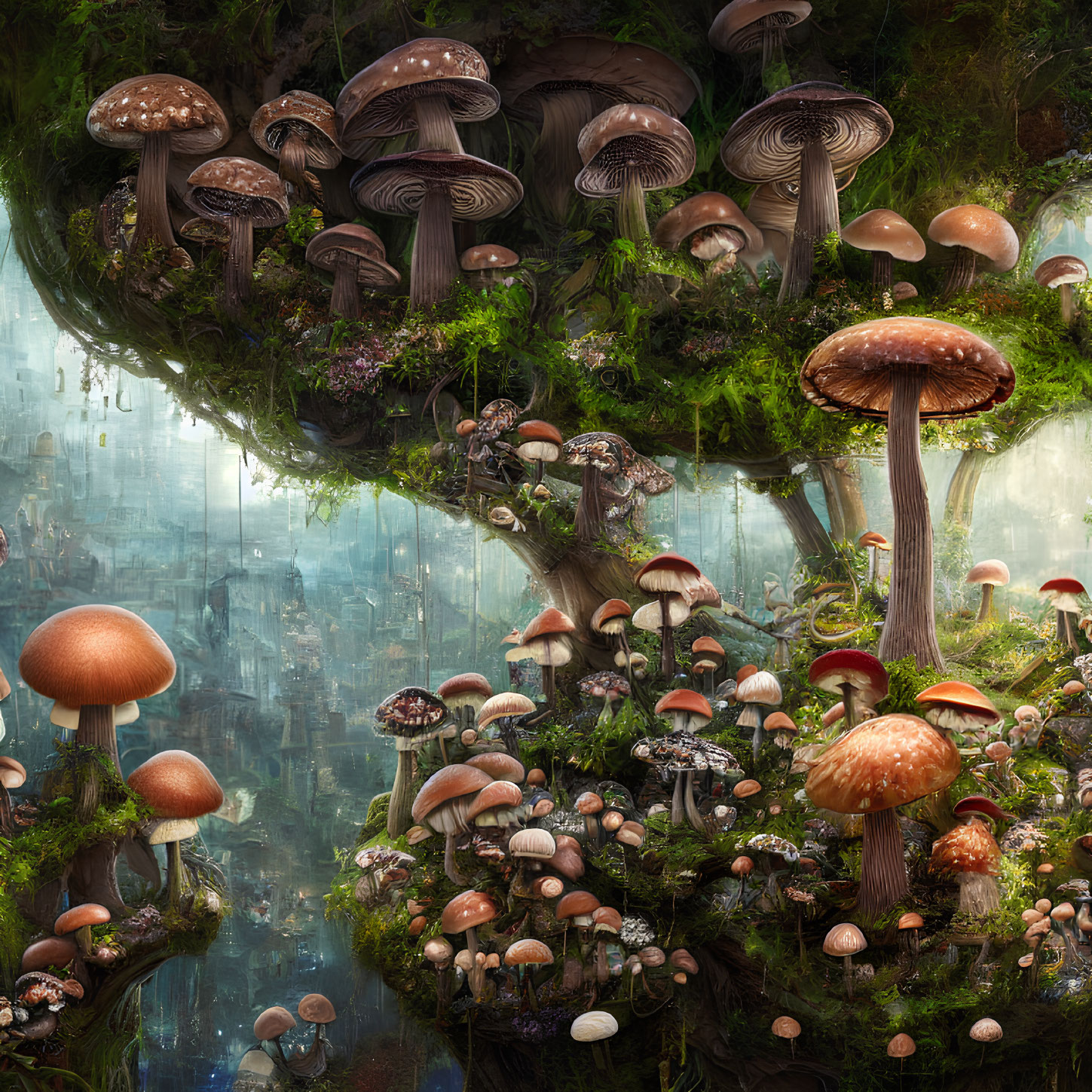 Fantasy Landscape with Oversized Mushrooms and Ancient City