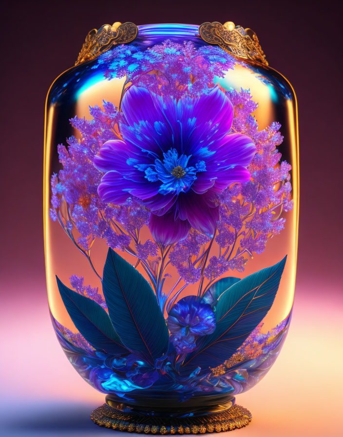 Ornate Vase with Gold Detailing and Purple Floral 3D Rendering