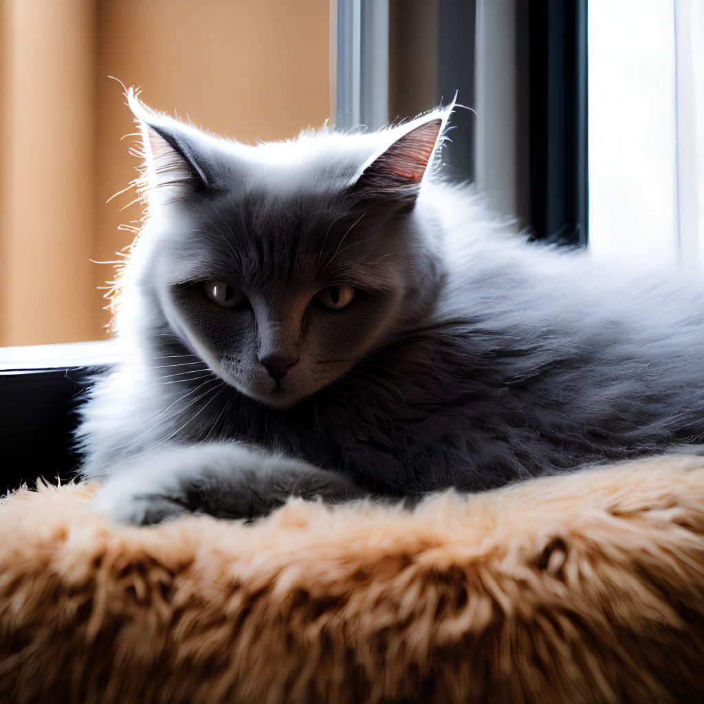 Fluffy grey cat with striking eyes lounging by window with moody backlighting