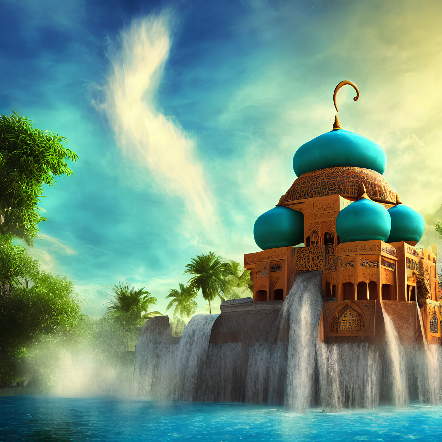 Blue-domed fantasy palace with golden arabesque designs in lush tropical landscape.