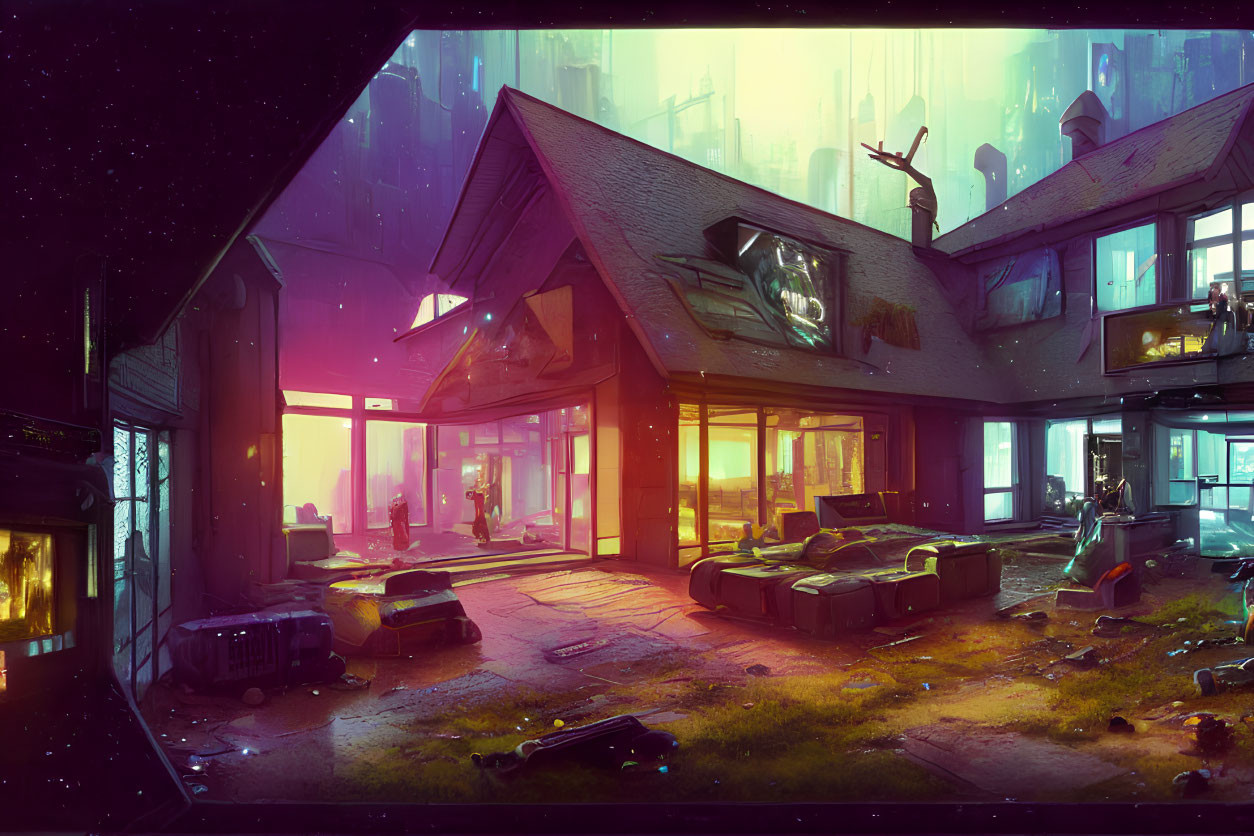 Futuristic neon-lit urban scene with abandoned interiors and city silhouette