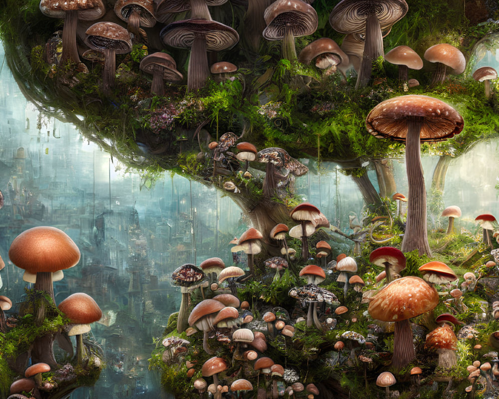 Fantasy Landscape with Oversized Mushrooms and Ancient City