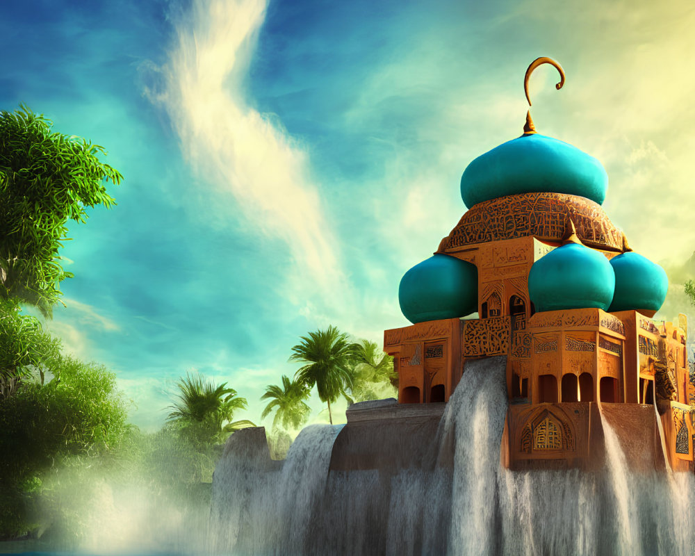 Blue-domed fantasy palace with golden arabesque designs in lush tropical landscape.