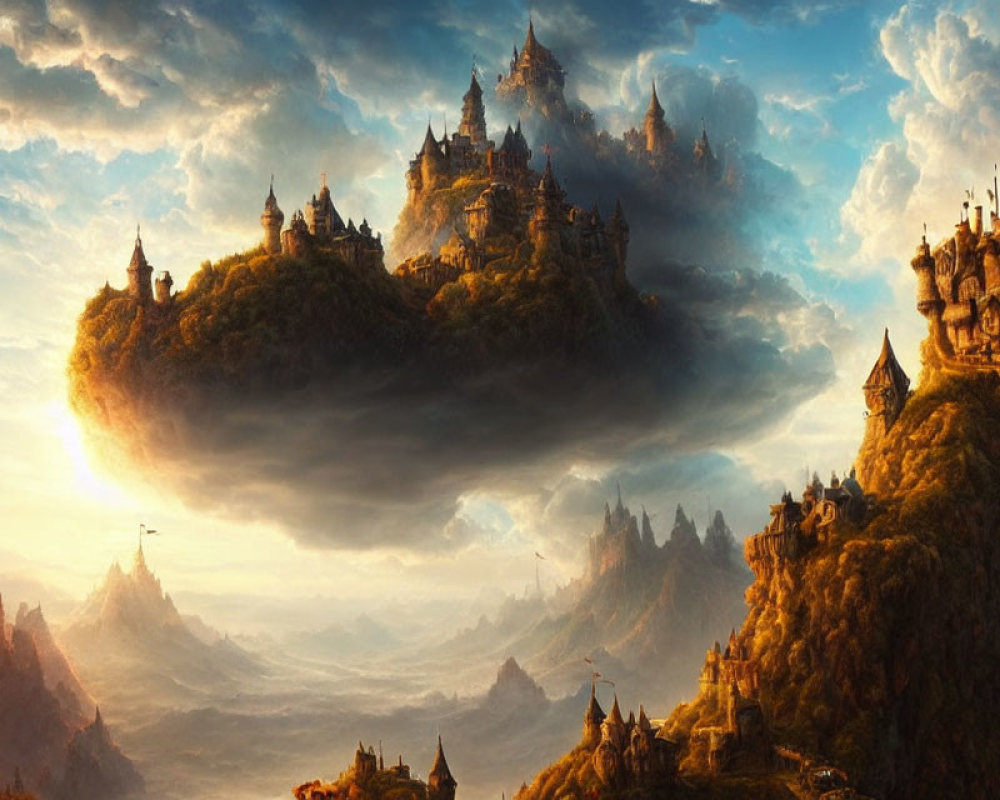 Fantastical landscape with floating castles on rocky islands in golden-hued sky