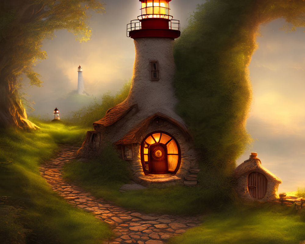 Illustration: Whimsical lighthouse-cottage in forest with cobblestone path