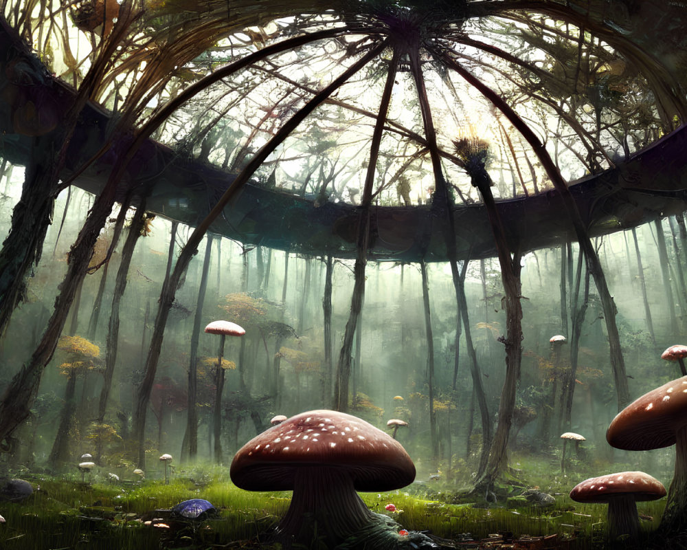 Enormous mushrooms and ancient ruins in misty forest landscape