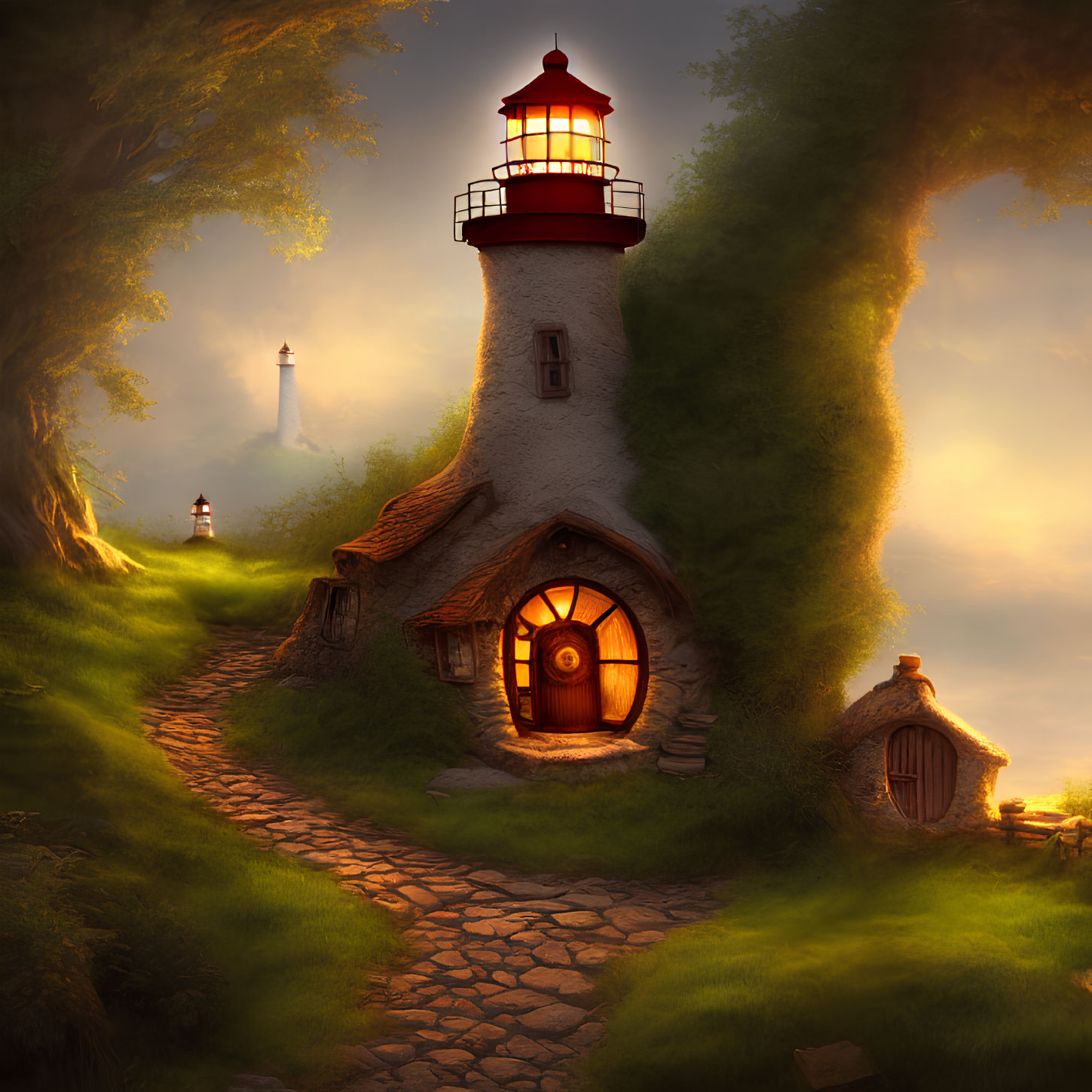 Illustration: Whimsical lighthouse-cottage in forest with cobblestone path