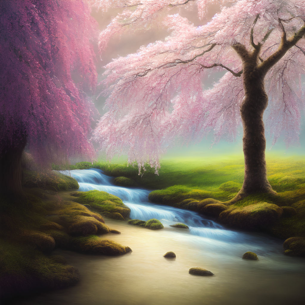 Tranquil stream in mossy forest with pink cherry blossoms