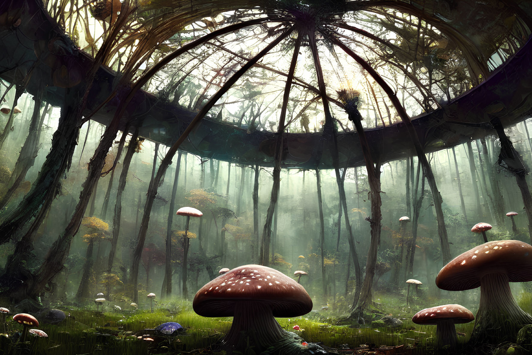 Enormous mushrooms and ancient ruins in misty forest landscape