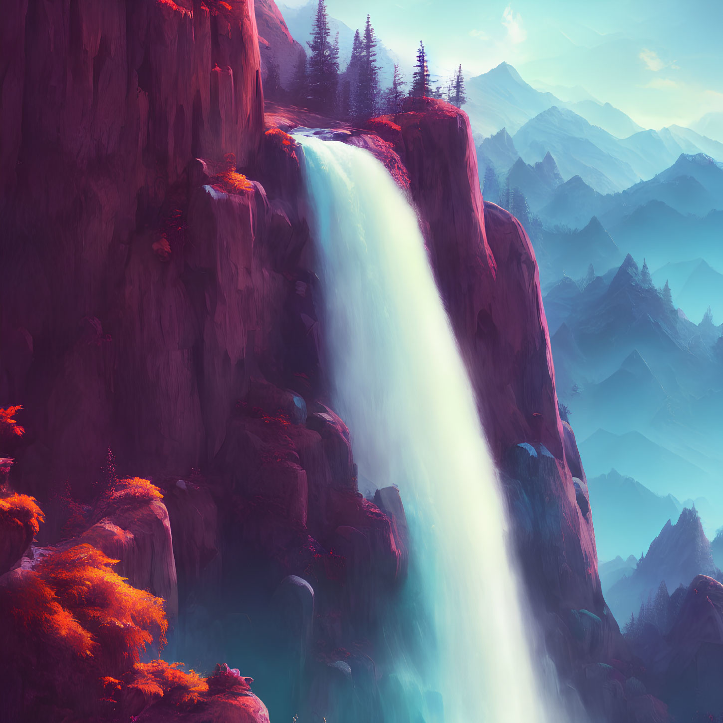 Majestic waterfall on red cliff with autumn foliage and misty mountains