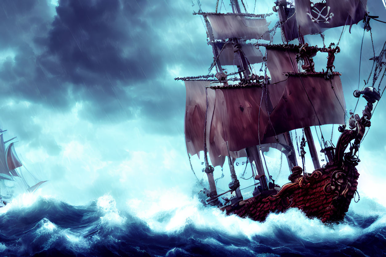 Digital artwork: Pirate ships battle in stormy seas