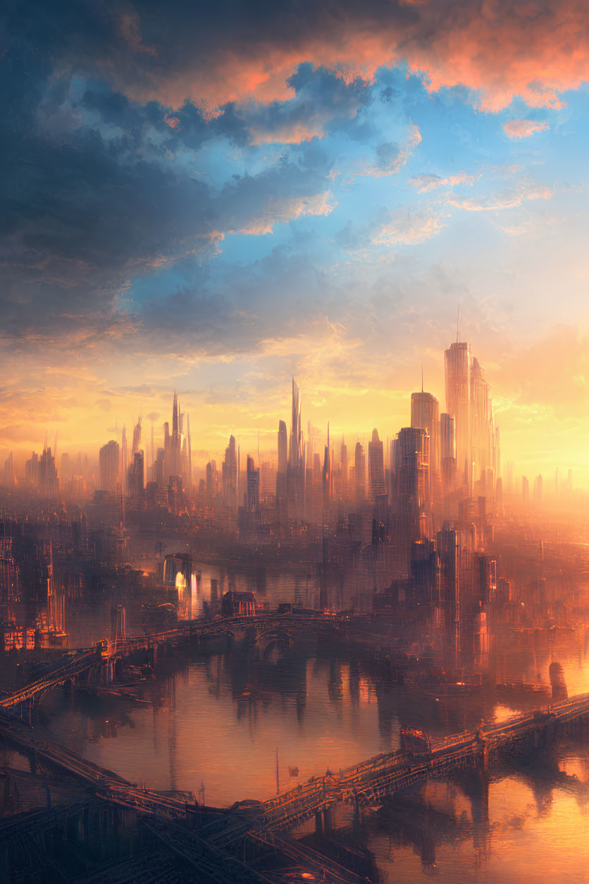 Futuristic cityscape at sunset with skyscrapers and waterways