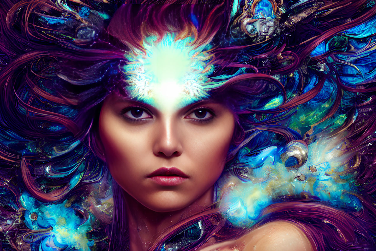 Colorful surreal portrait of a woman with cosmic hair swirls.