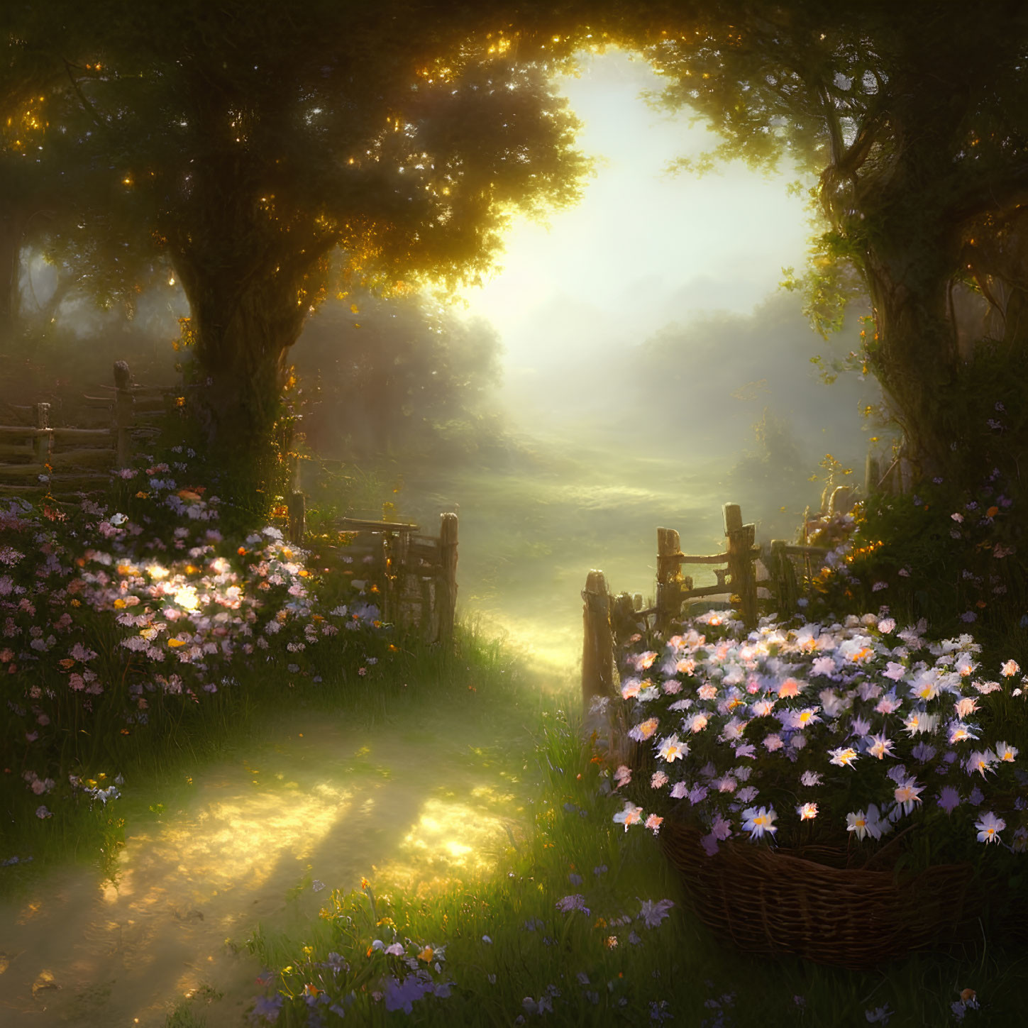 Tranquil forest scene with sunrise, flowering bushes, and wooden fence