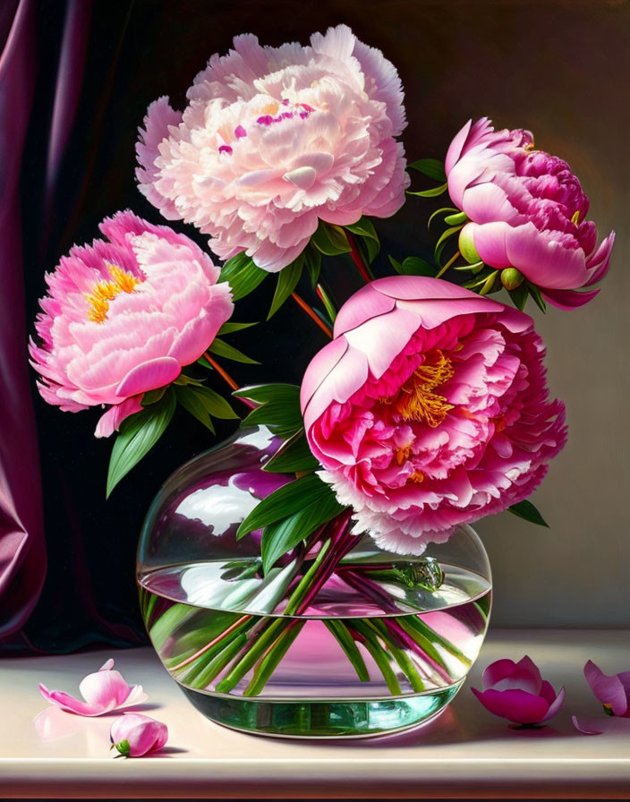 Pink Peonies in Round Glass Vase on Dark Background